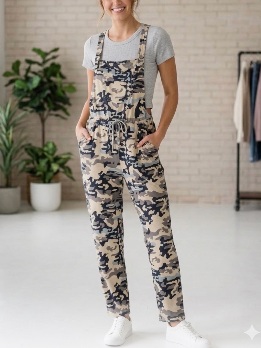 Womenโs Beige Camo Overalls Jumpsuit - Casual Utility Style